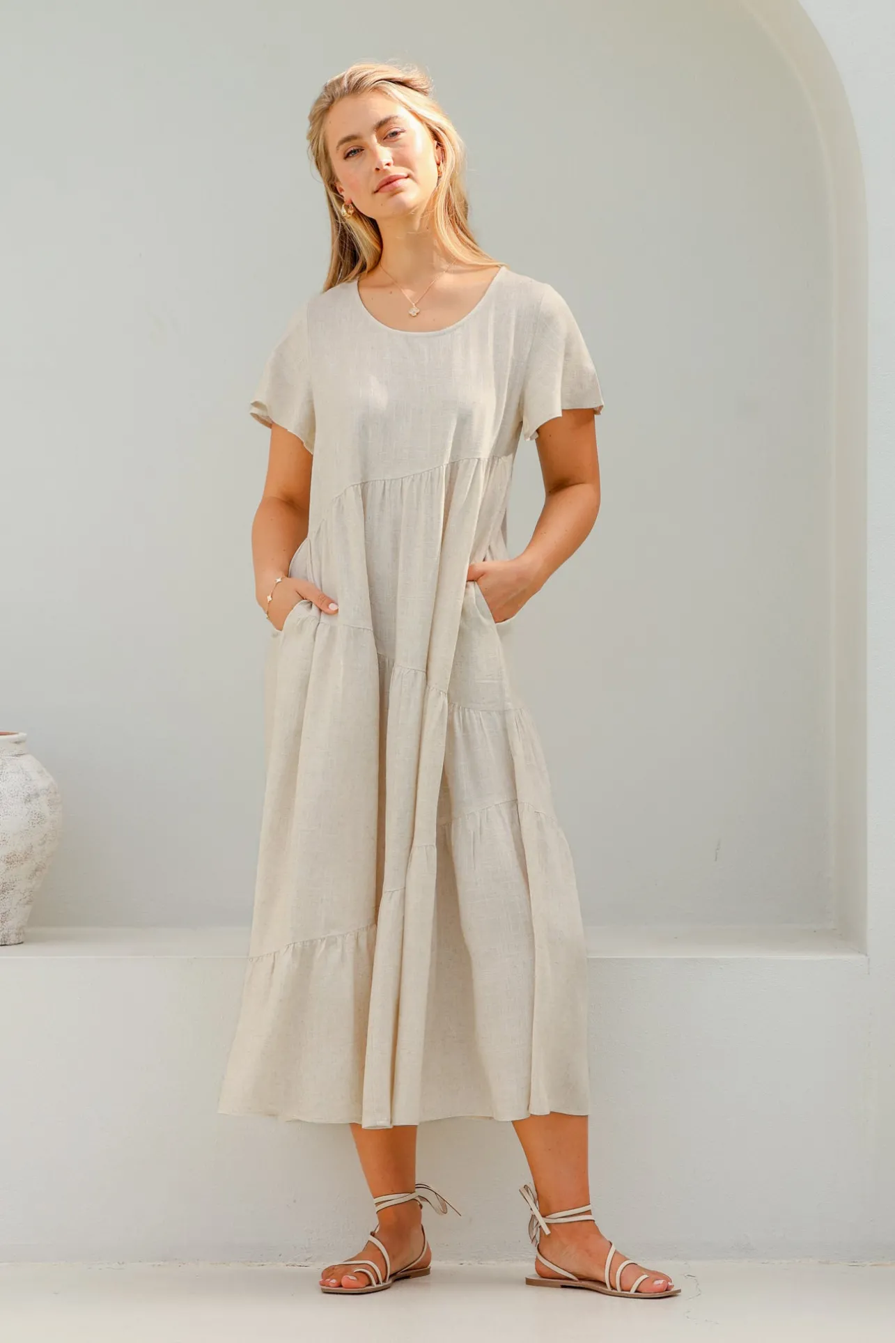 Allegra Midi Dress - Relaxed Asymmetric Tiered Linen Smock Dress in Oat>Salty Crush New