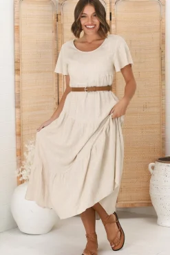 Allegra Midi Dress - Relaxed Asymmetric Tiered Linen Smock Dress in Oat><noscript><img width=