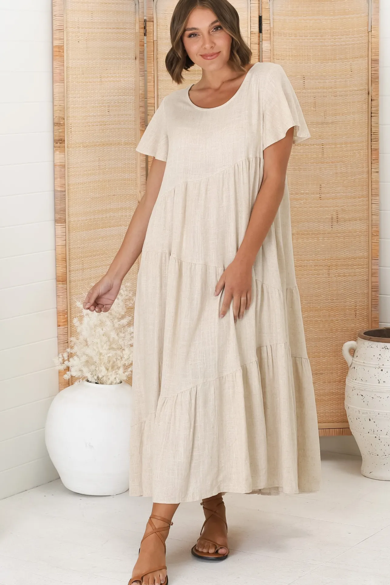 Allegra Midi Dress - Relaxed Asymmetric Tiered Linen Smock Dress in Oat>Salty Crush New