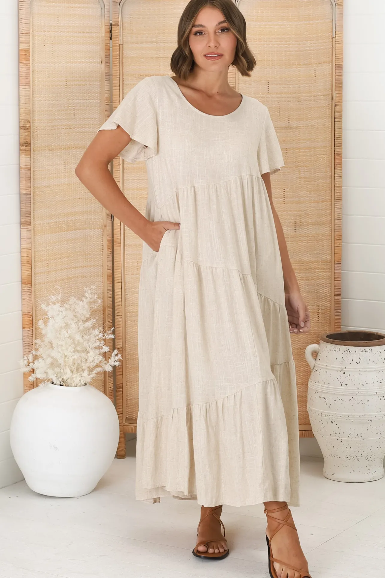 Allegra Midi Dress - Relaxed Asymmetric Tiered Linen Smock Dress in Oat>Salty Crush New