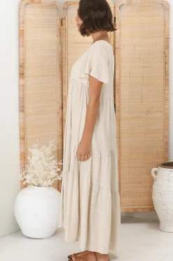Allegra Midi Dress - Relaxed Asymmetric Tiered Linen Smock Dress in Oat><noscript><img width=