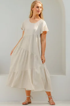 Allegra Midi Dress - Relaxed Asymmetric Tiered Linen Smock Dress in Oat><noscript><img width=