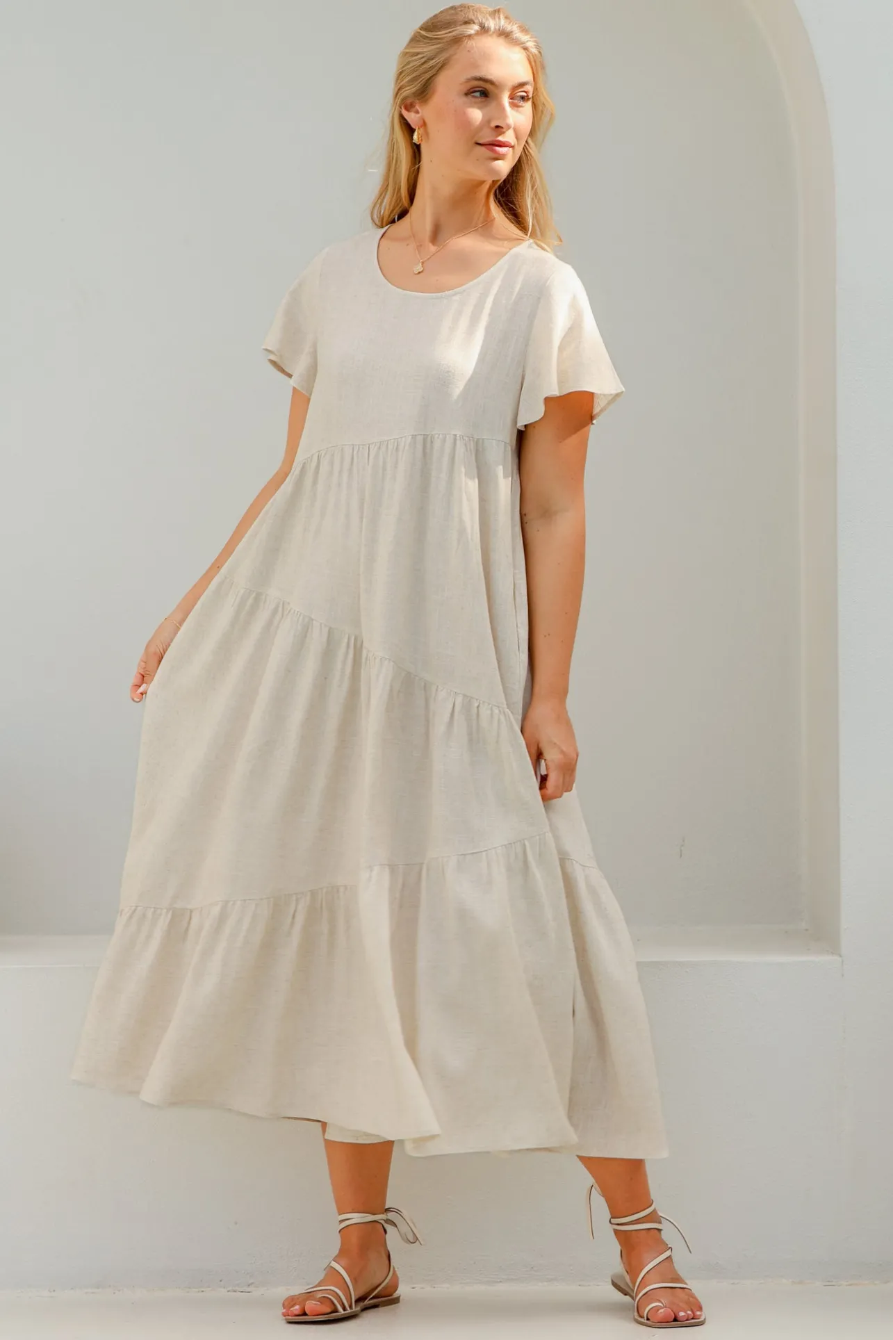 Allegra Midi Dress - Relaxed Asymmetric Tiered Linen Smock Dress in Oat>Salty Crush New