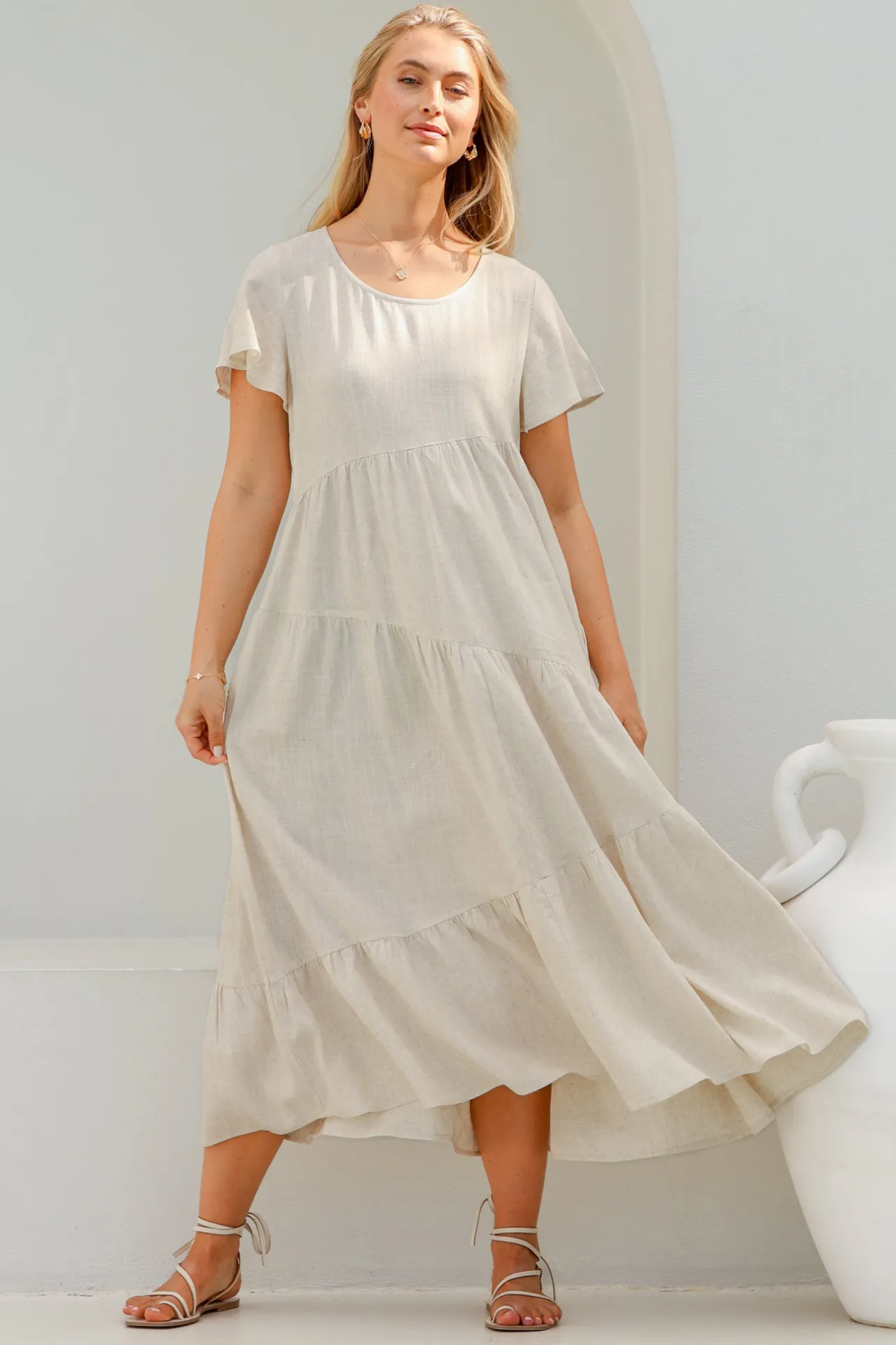 Allegra Midi Dress - Relaxed Asymmetric Tiered Linen Smock Dress in Oat>Salty Crush New