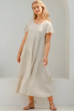 Allegra Midi Dress - Relaxed Asymmetric Tiered Linen Smock Dress in Oat><noscript><img width=