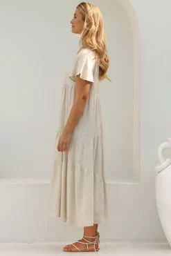 Allegra Midi Dress - Relaxed Asymmetric Tiered Linen Smock Dress in Oat><noscript><img width=