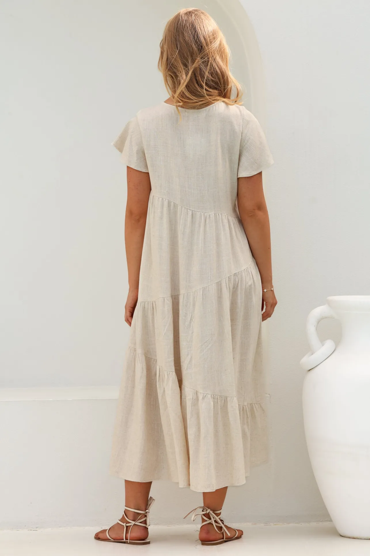 Allegra Midi Dress - Relaxed Asymmetric Tiered Linen Smock Dress in Oat>Salty Crush New