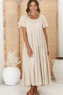 Allegra Midi Dress - Relaxed Asymmetric Tiered Linen Smock Dress in Oat><noscript><img width=