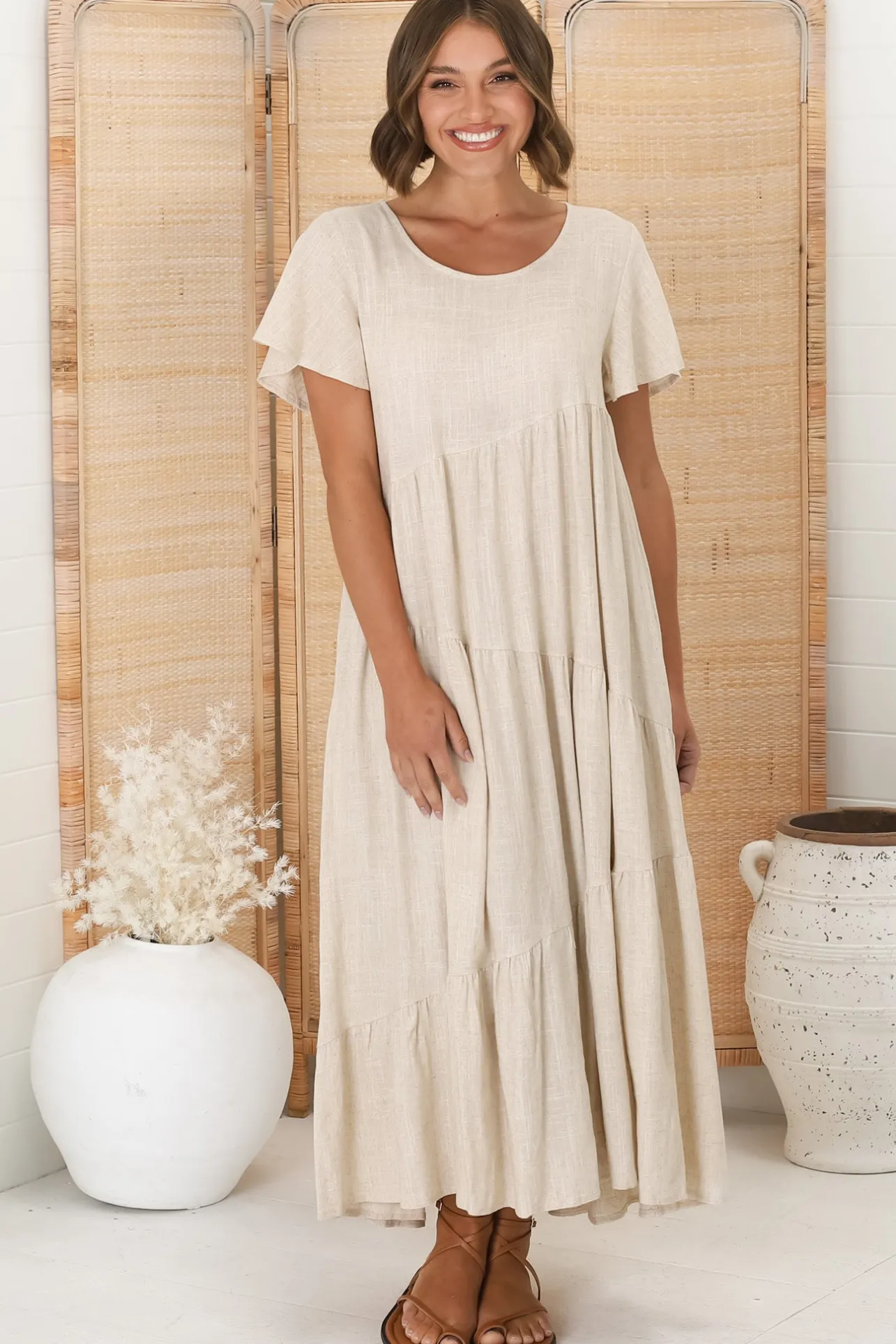 Allegra Midi Dress - Relaxed Asymmetric Tiered Linen Smock Dress in Oat>Salty Crush New