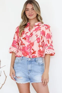 Alyce Shirt - Mandarin Collar Cut Out Detailed Sleeve Button Down in Larissa Print><noscript><img width=