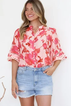 Alyce Shirt - Mandarin Collar Cut Out Detailed Sleeve Button Down in Larissa Print><noscript><img width=