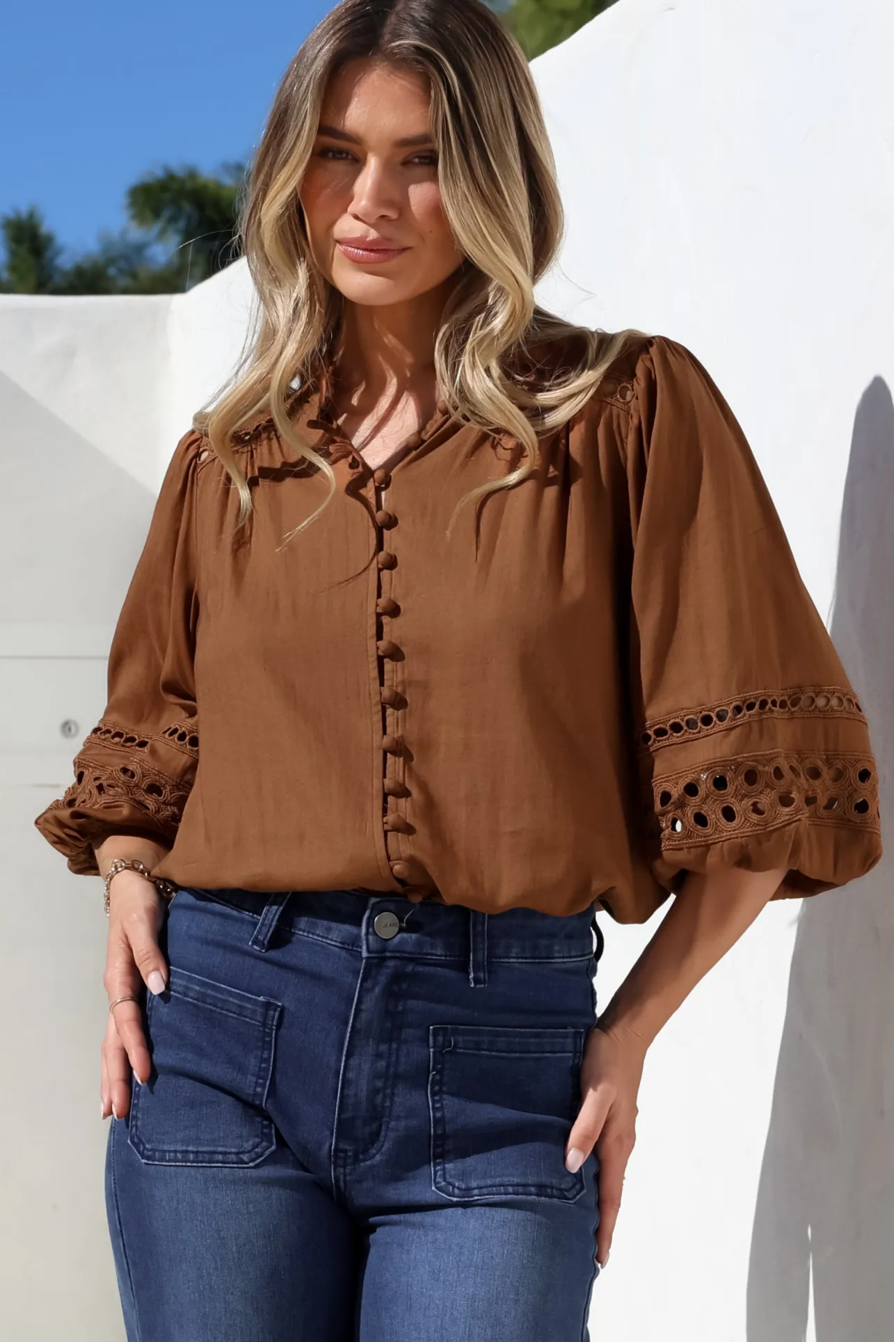 Alyce Shirt - Mandarin Collar Cut Out Detailed Sleeve Button Down in Tan>Salty Crush Sale