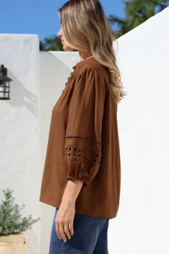 Alyce Shirt - Mandarin Collar Cut Out Detailed Sleeve Button Down in Tan><noscript><img width=