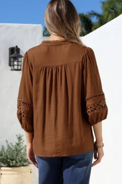 Alyce Shirt - Mandarin Collar Cut Out Detailed Sleeve Button Down in Tan><noscript><img width=