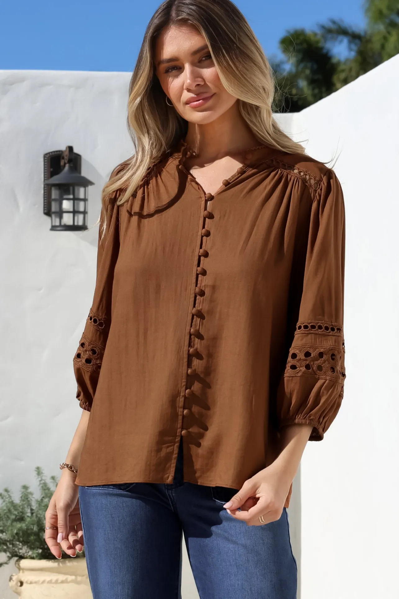 Alyce Shirt - Mandarin Collar Cut Out Detailed Sleeve Button Down in Tan>Salty Crush Sale