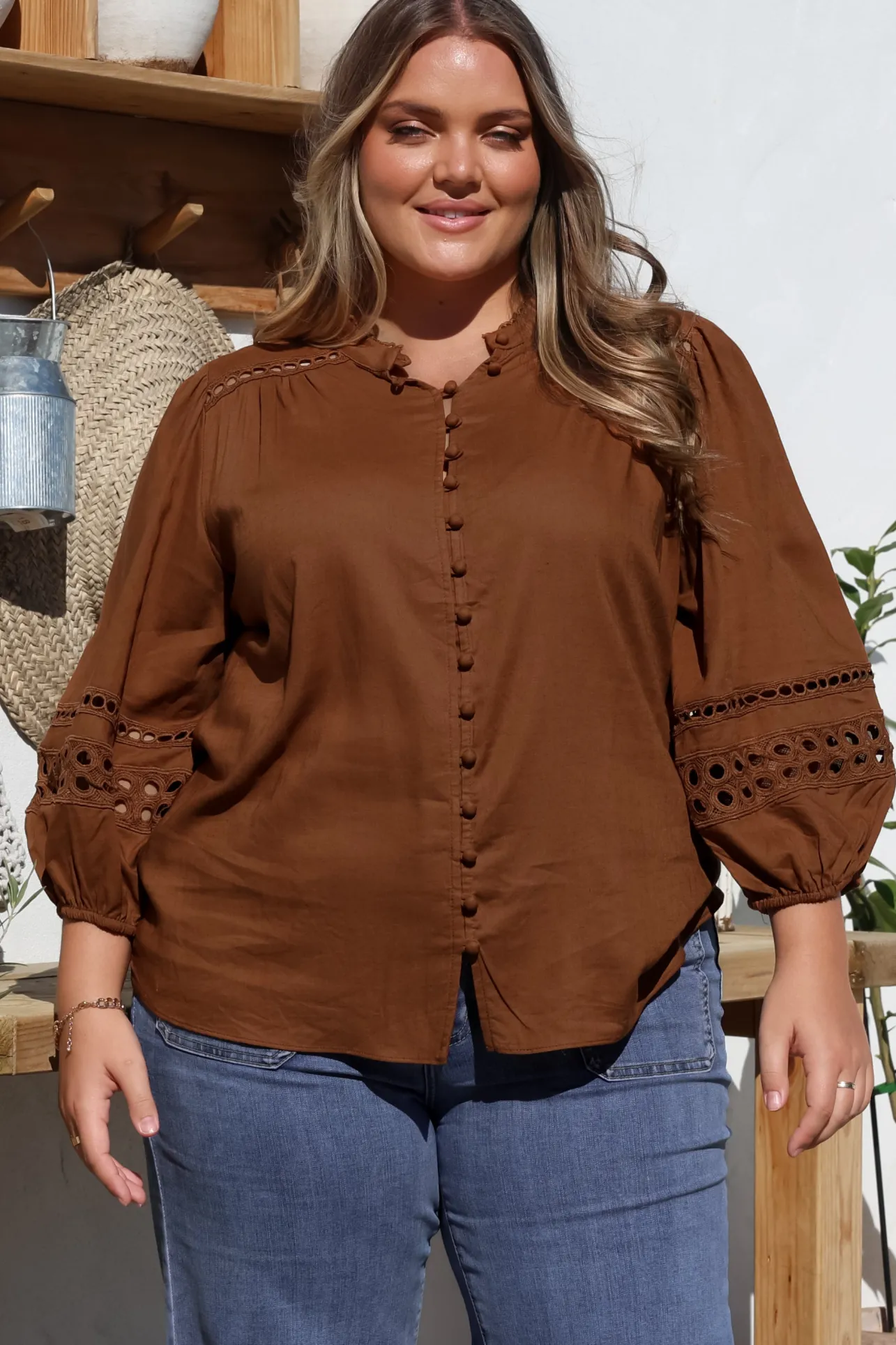 Alyce Shirt - Mandarin Collar Cut Out Detailed Sleeve Button Down in Tan>Salty Crush Sale