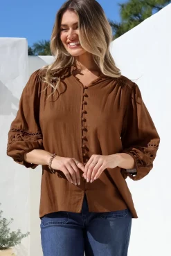 Alyce Shirt - Mandarin Collar Cut Out Detailed Sleeve Button Down in Tan><noscript><img width=