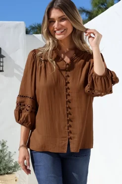 Alyce Shirt - Mandarin Collar Cut Out Detailed Sleeve Button Down in Tan><noscript><img width=