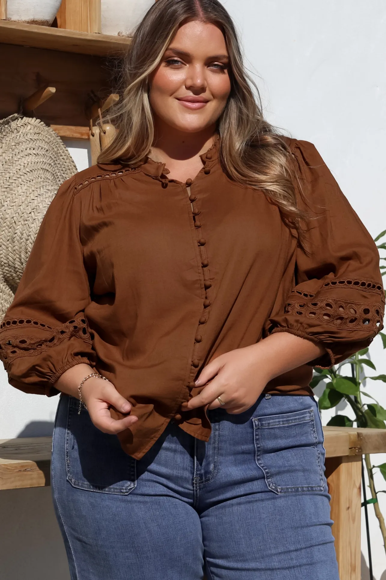 Alyce Shirt - Mandarin Collar Cut Out Detailed Sleeve Button Down in Tan>Salty Crush Sale