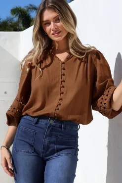 Alyce Shirt - Mandarin Collar Cut Out Detailed Sleeve Button Down in Tan><noscript><img width=