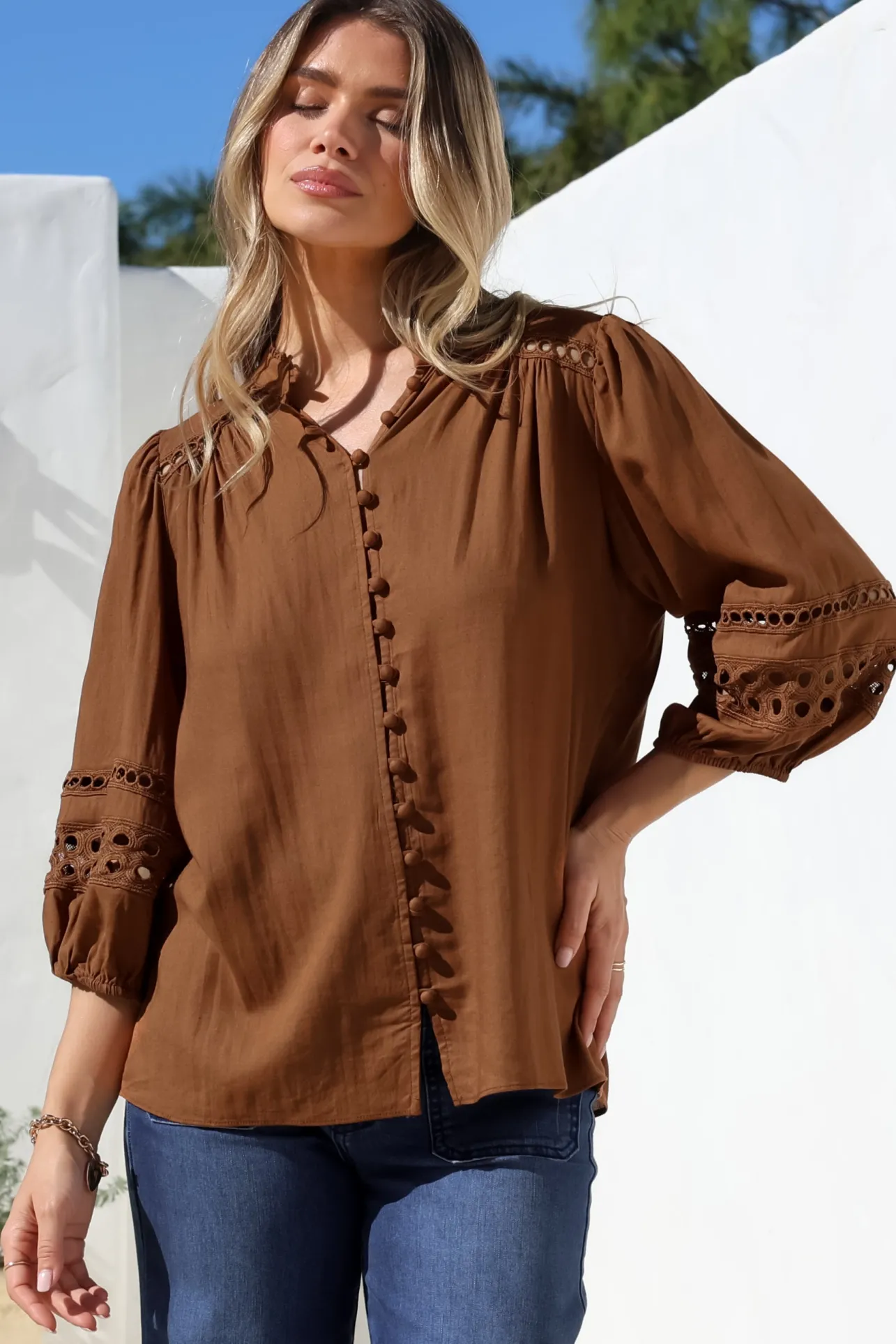 Alyce Shirt - Mandarin Collar Cut Out Detailed Sleeve Button Down in Tan>Salty Crush Sale