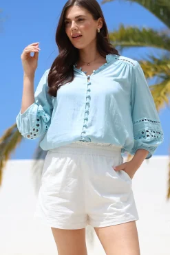Alyce Shirt - Mandarin Collar Cut Out Detailed Sleeve Button Down in Light Blue><noscript><img width=