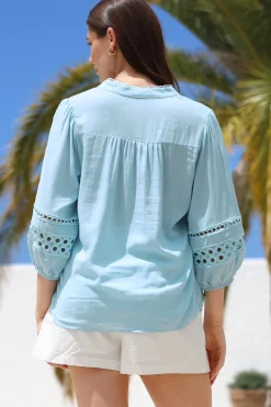 Alyce Shirt - Mandarin Collar Cut Out Detailed Sleeve Button Down in Light Blue><noscript><img width=