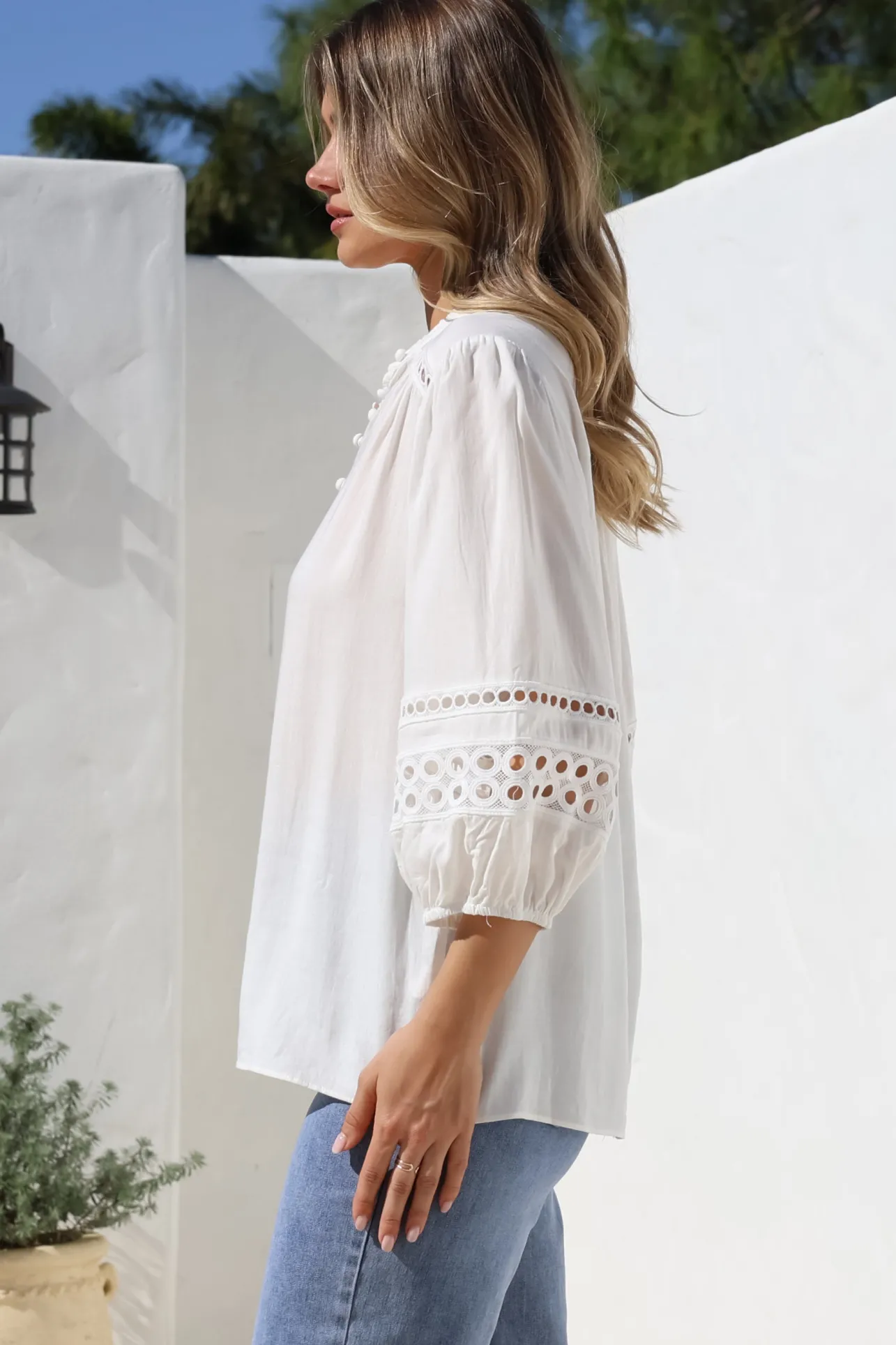 Alyce Shirt - Mandarin Collar Cut Out Detailed Sleeve Button Down in White>Salty Crush Outlet
