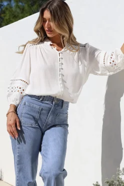 Alyce Shirt - Mandarin Collar Cut Out Detailed Sleeve Button Down in White><noscript><img width=