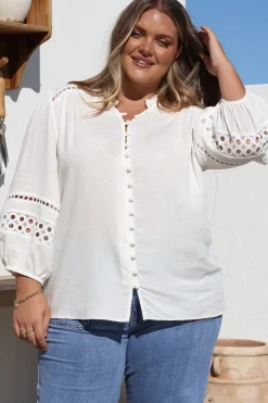 Alyce Shirt - Mandarin Collar Cut Out Detailed Sleeve Button Down in White><noscript><img width=