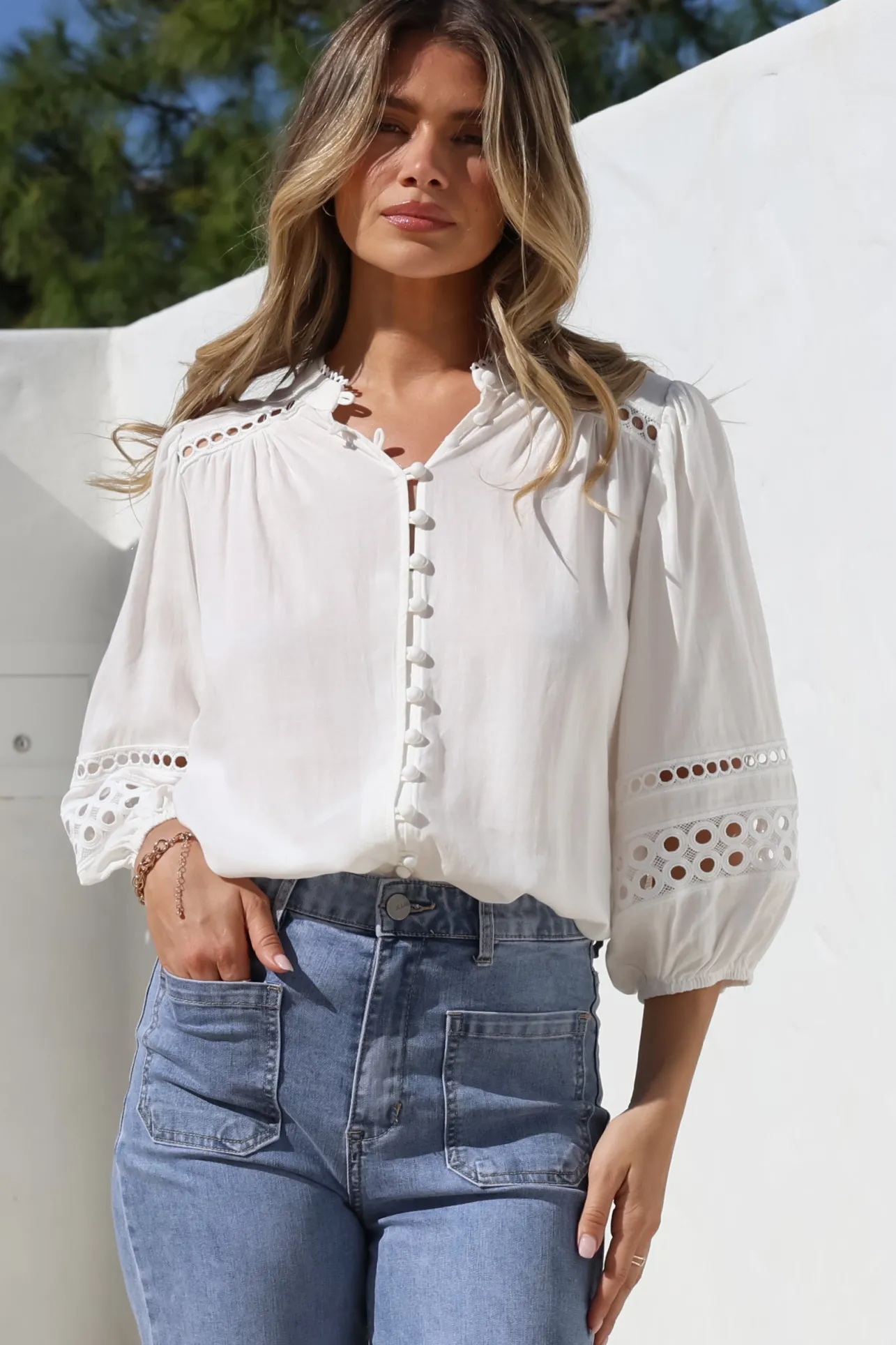 Alyce Shirt - Mandarin Collar Cut Out Detailed Sleeve Button Down in White>Salty Crush Outlet