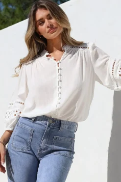 Alyce Shirt - Mandarin Collar Cut Out Detailed Sleeve Button Down in White><noscript><img width=