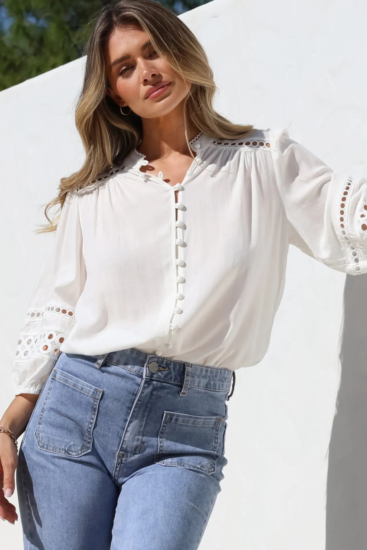Alyce Shirt - Mandarin Collar Cut Out Detailed Sleeve Button Down in White>Salty Crush Outlet