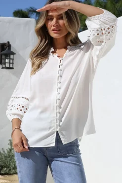 Alyce Shirt - Mandarin Collar Cut Out Detailed Sleeve Button Down in White><noscript><img width=