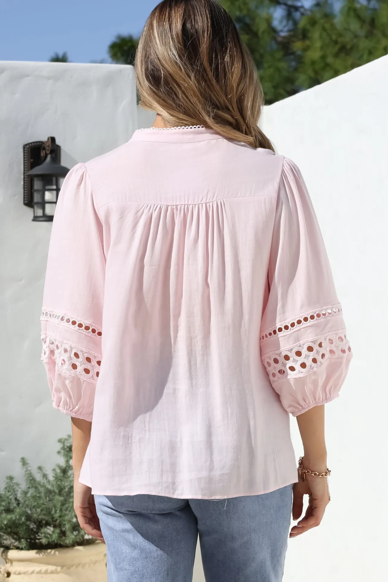 Alyce Shirt - Mandarin Collar Cut Out Detailed Sleeve Button Down in Pink>Salty Crush Outlet