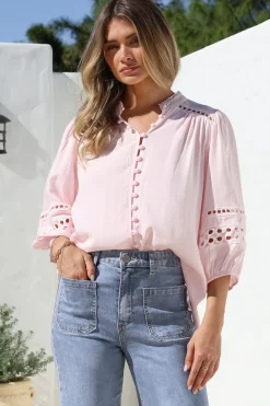 Alyce Shirt - Mandarin Collar Cut Out Detailed Sleeve Button Down in Pink><noscript><img width=