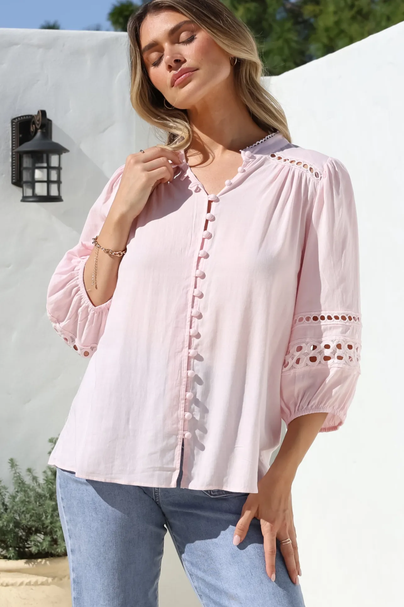 Alyce Shirt - Mandarin Collar Cut Out Detailed Sleeve Button Down in Pink>Salty Crush Outlet