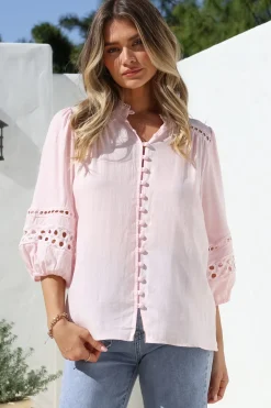 Alyce Shirt - Mandarin Collar Cut Out Detailed Sleeve Button Down in Pink><noscript><img width=