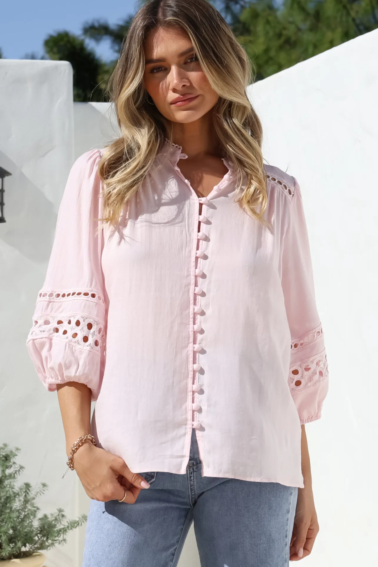 Alyce Shirt - Mandarin Collar Cut Out Detailed Sleeve Button Down in Pink>Salty Crush Outlet