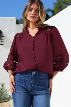 Alyce Shirt - Mandarin Collar Cut Out Detailed Sleeve Button Down in Burgundy>Salty Crush Best