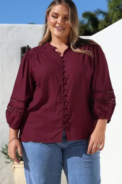 Alyce Shirt - Mandarin Collar Cut Out Detailed Sleeve Button Down in Burgundy>Salty Crush Best