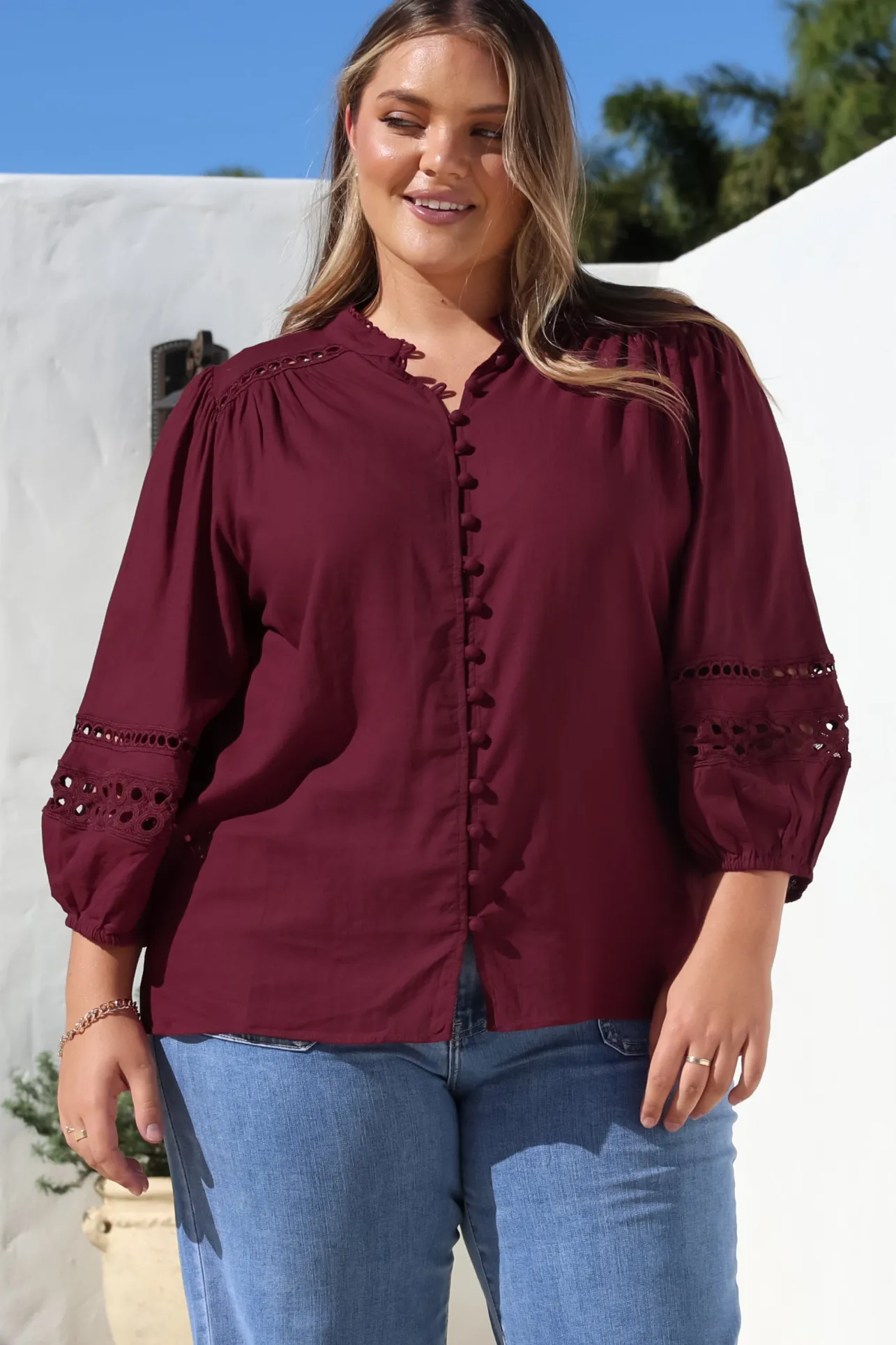 Alyce Shirt - Mandarin Collar Cut Out Detailed Sleeve Button Down in Burgundy>Salty Crush Best