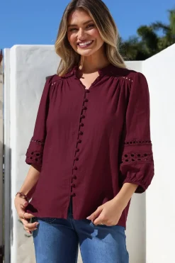 Alyce Shirt - Mandarin Collar Cut Out Detailed Sleeve Button Down in Burgundy><noscript><img width=