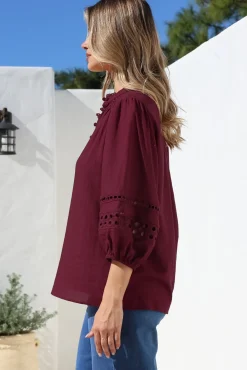 Alyce Shirt - Mandarin Collar Cut Out Detailed Sleeve Button Down in Burgundy><noscript><img width=