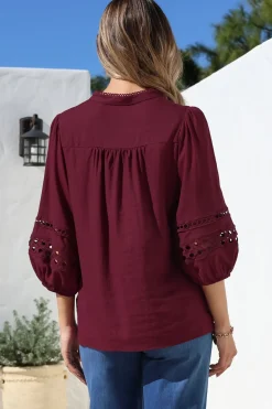 Alyce Shirt - Mandarin Collar Cut Out Detailed Sleeve Button Down in Burgundy><noscript><img width=