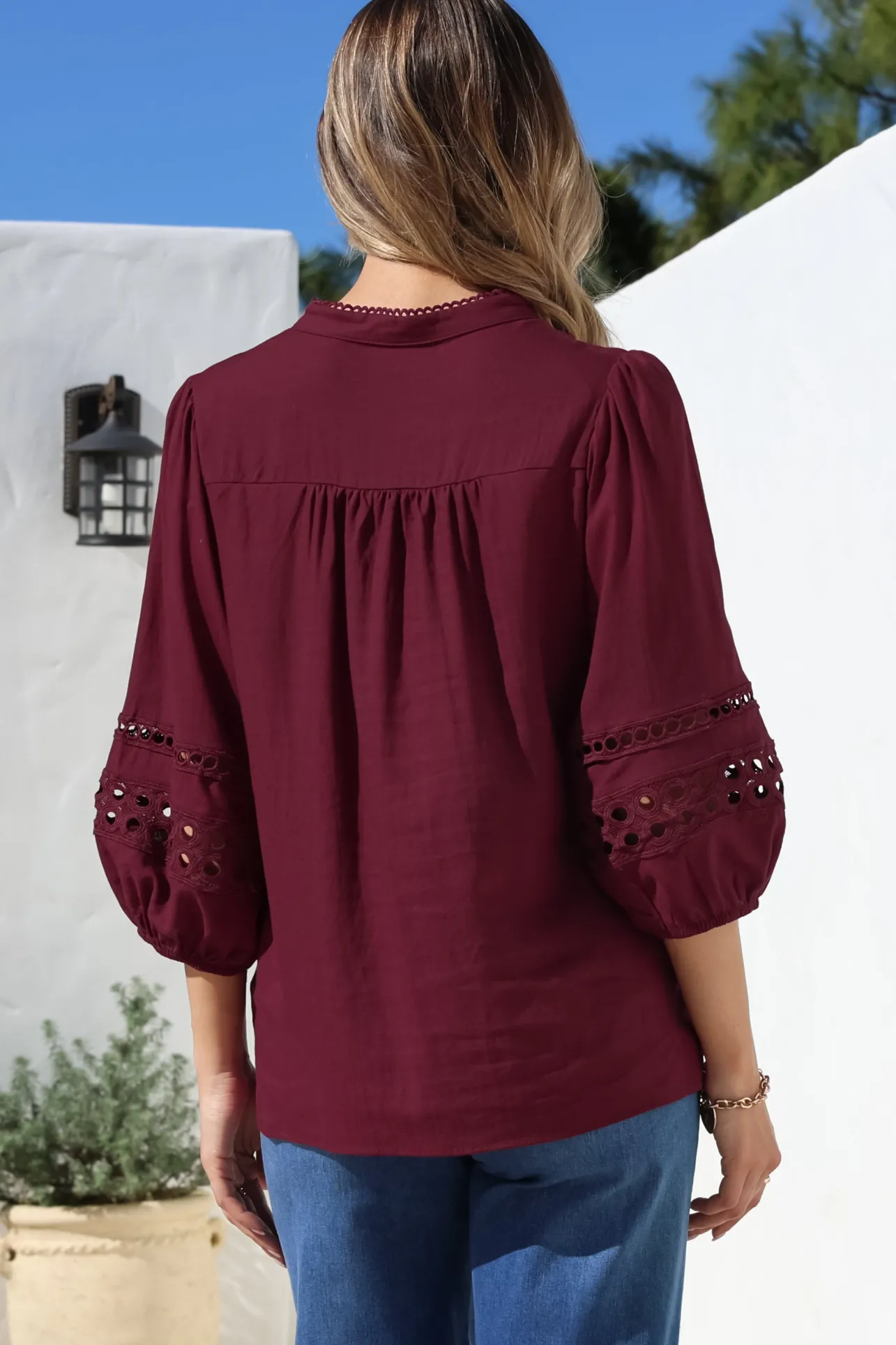 Alyce Shirt - Mandarin Collar Cut Out Detailed Sleeve Button Down in Burgundy>Salty Crush Best