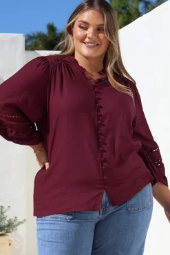 Alyce Shirt - Mandarin Collar Cut Out Detailed Sleeve Button Down in Burgundy><noscript><img width=