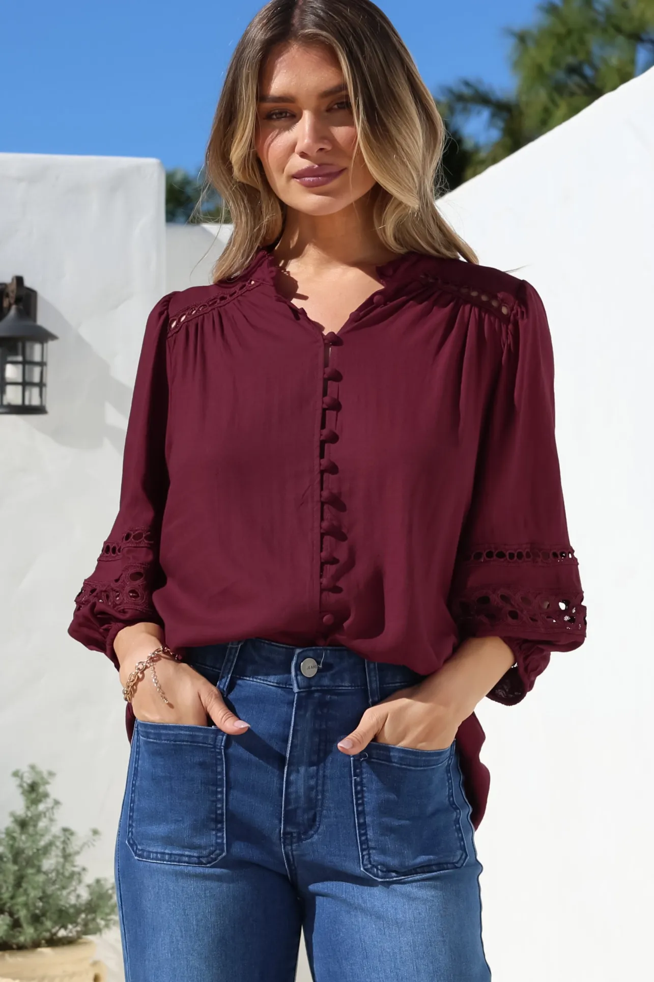 Alyce Shirt - Mandarin Collar Cut Out Detailed Sleeve Button Down in Burgundy>Salty Crush Best