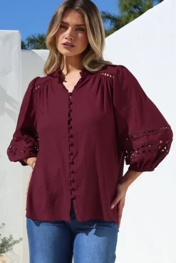 Alyce Shirt - Mandarin Collar Cut Out Detailed Sleeve Button Down in Burgundy><noscript><img width=