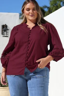 Alyce Shirt - Mandarin Collar Cut Out Detailed Sleeve Button Down in Burgundy><noscript><img width=